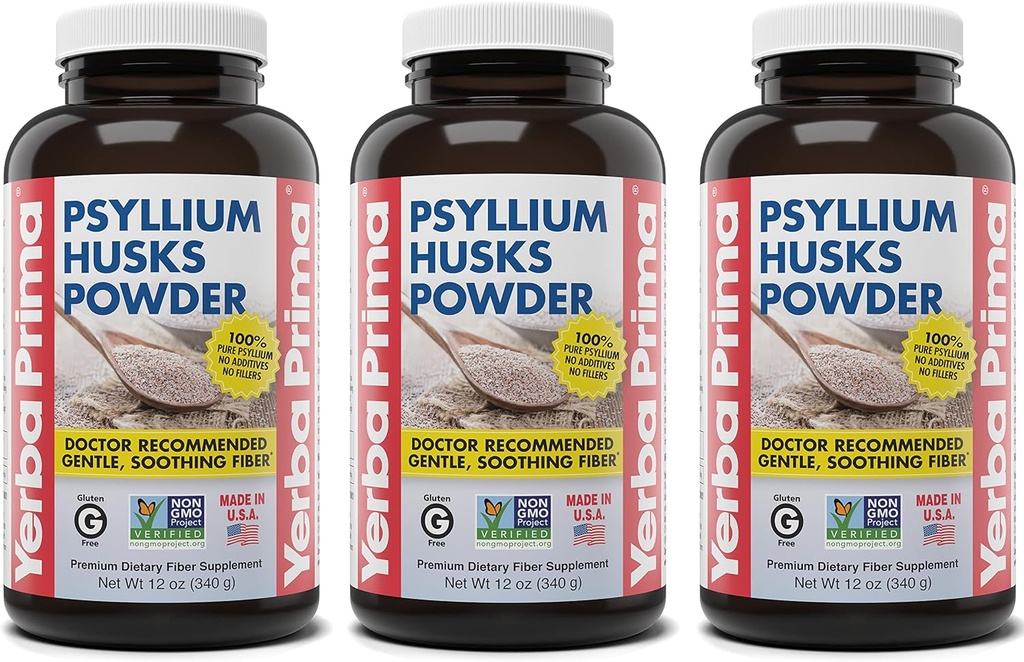 Yerba Prima Psyllium Husks Powder - 12 oz (Pack of 3) - Naravni fiber dodatek - Čiščenje Colon - Vegan, Non-GMO, Gluten-free (Nova nalepka - pakiranje maj Vary)
