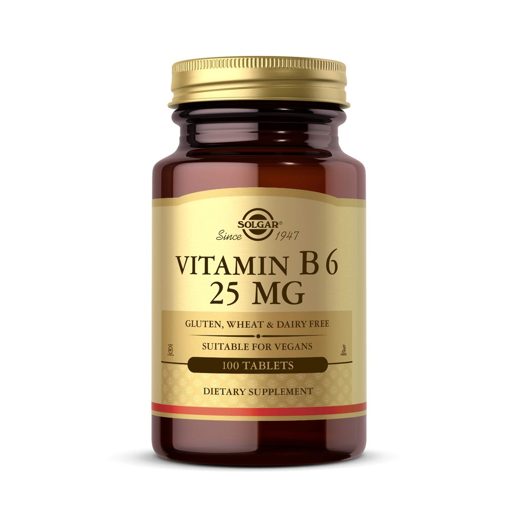 Solgar Vitamin B6 25 mg, 100 tablet - podpira energijsko presnovo, zdravje srca in zdravo živčevje - B Kompleksni dodatek - Vegan, Gluten brez mleka, Košir - 100 postrežbe