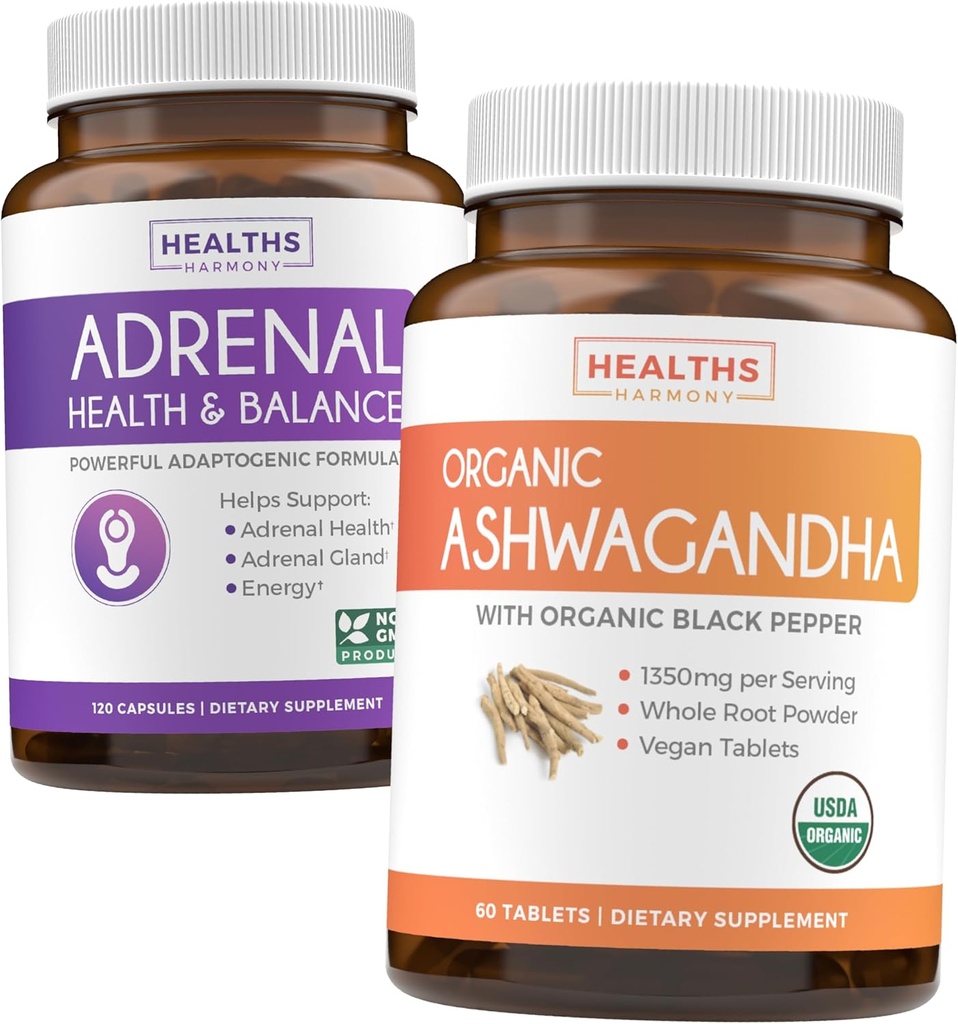 Adrenal & Ashwagandha (1-mesečna zaloga) Calm & Energize Bundele - adrenalna podpora z L-tirozinom (120 kapsul) & USDA organski Ashwagandha 1350mg pepelni prašek na servo (60 kapsul)