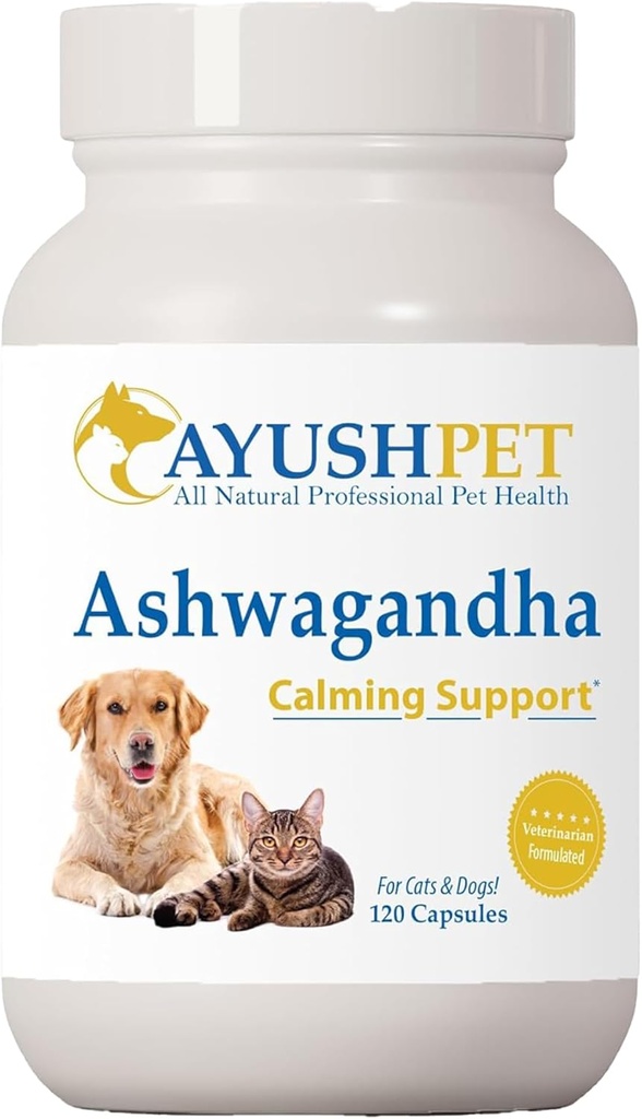 Ayush Pet Ashwagandha Kapsule za pse in mačke - Organski izvleček korenine Ashwagandha za mirno in dnevno ravnovesje, adaptogeni wellness dodatek za hišne živali, 500mg na kapsulo - 120 Count