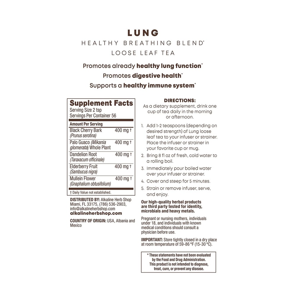 Alkaline Herb Shop - Happy Lung Tea Supplement - Made with Natural Wildcrafted Herbs - Mullein, Elderberry, Dandelion Root, Wild Cherry Bark. & Guaco - Vegan - Gluten-free - 4 Oz Loose Leaf Zeliščni čaj