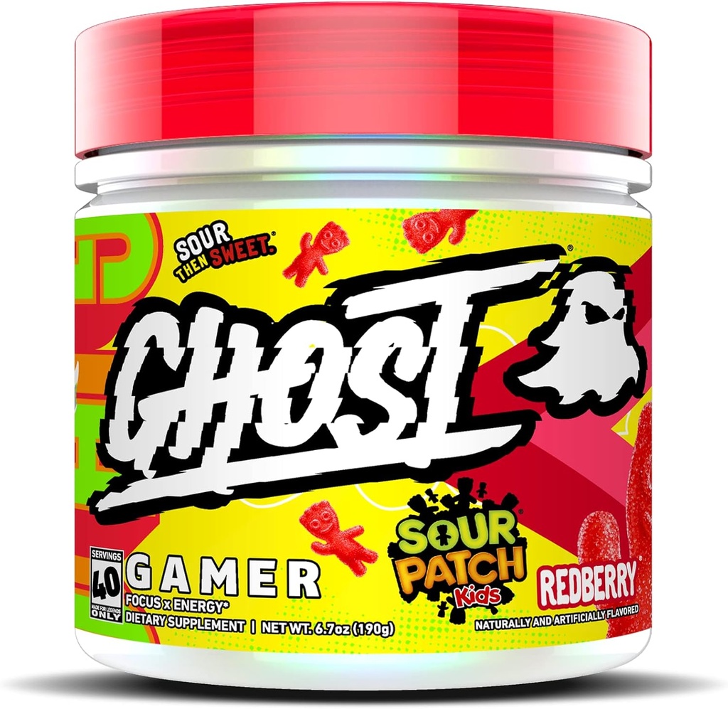 GHOST Gamer: Energy and Focus Support Formula - 40 Servings, Sour Patch Otroci Redberry - Nootropics & Natural Caffeine za pozornost, Natančnost in odzivni čas - Vegan, Gluten-free