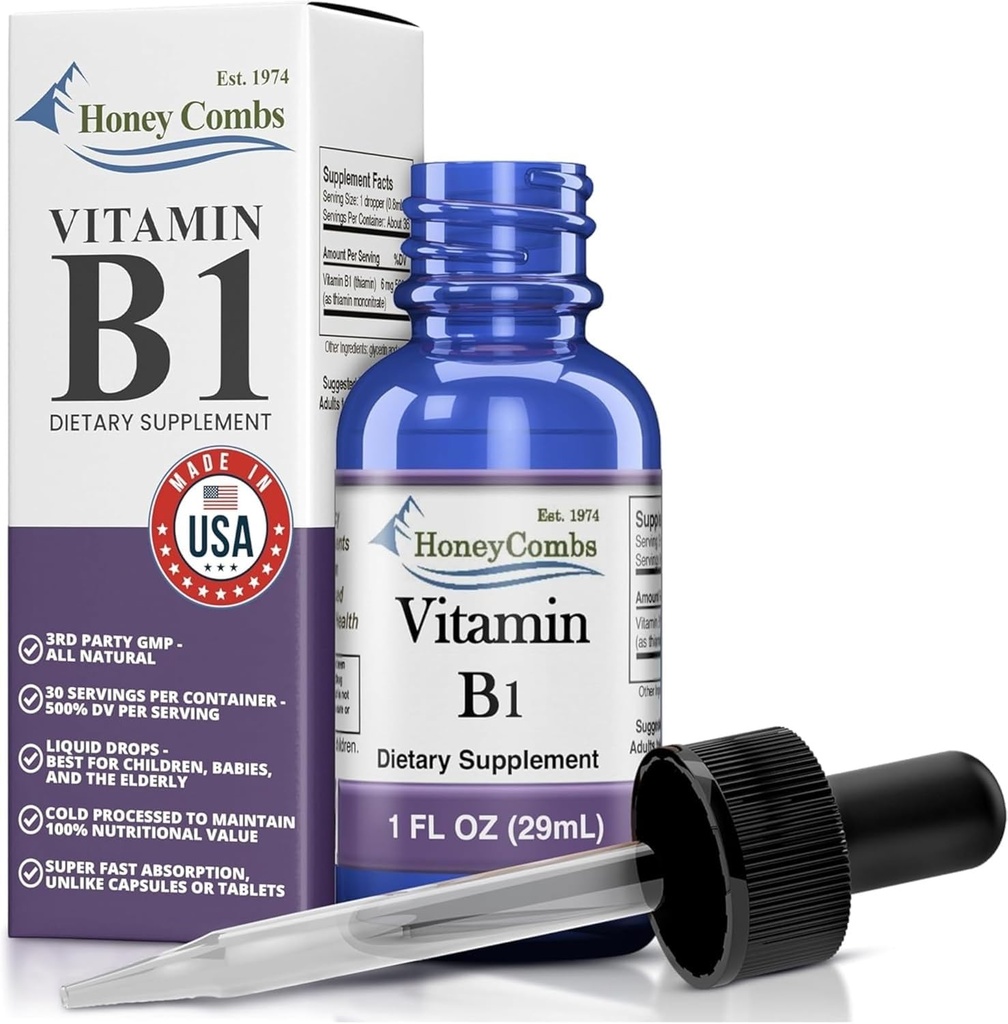 Vitamin B1 Tiamin tekoče kapljice - Izdelano v ZDA - Naravna visoka moč hitro Absorpcija Tiamin B1 Dopolnilo za moške, ženske in otroke – Veganska formula - razsute velikosti na voljo tudi