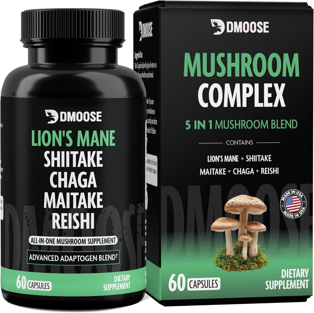 Levje grivaste gobe kompleks - 5300 mg Adaptogena mešanica za spomin, fokus in imunske podpore - 5 v 1 Lionsmane, Chaga, Maitake, Shiitake in Reishi Extract, nootropične gobe dopolnilne kapsule