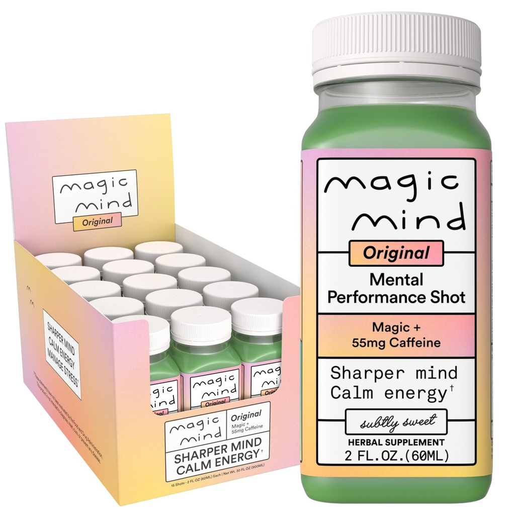 Magic Mind Energy and Focus Drink Shots - Stress Releading, No Jitters, Ashwagandha, Vitamin B12, Vitamin C, Matcha Green Tea, Funkcionalne gobe - 2 FL Oz (15 Pack)