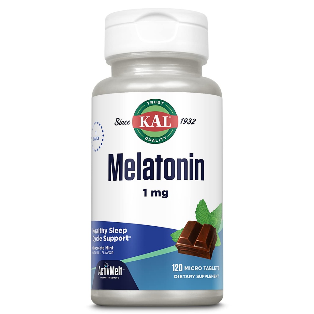 KAL Melatonin 1mg Pomoč v spanju, Melatonin Dopolnilo podpira pomiritev in zdravo spanje cikel, hitro raztapljanje ActivMelts, naravna čokolada okus, vegetarijanec, 120 Serv, 120 Micro Tabs