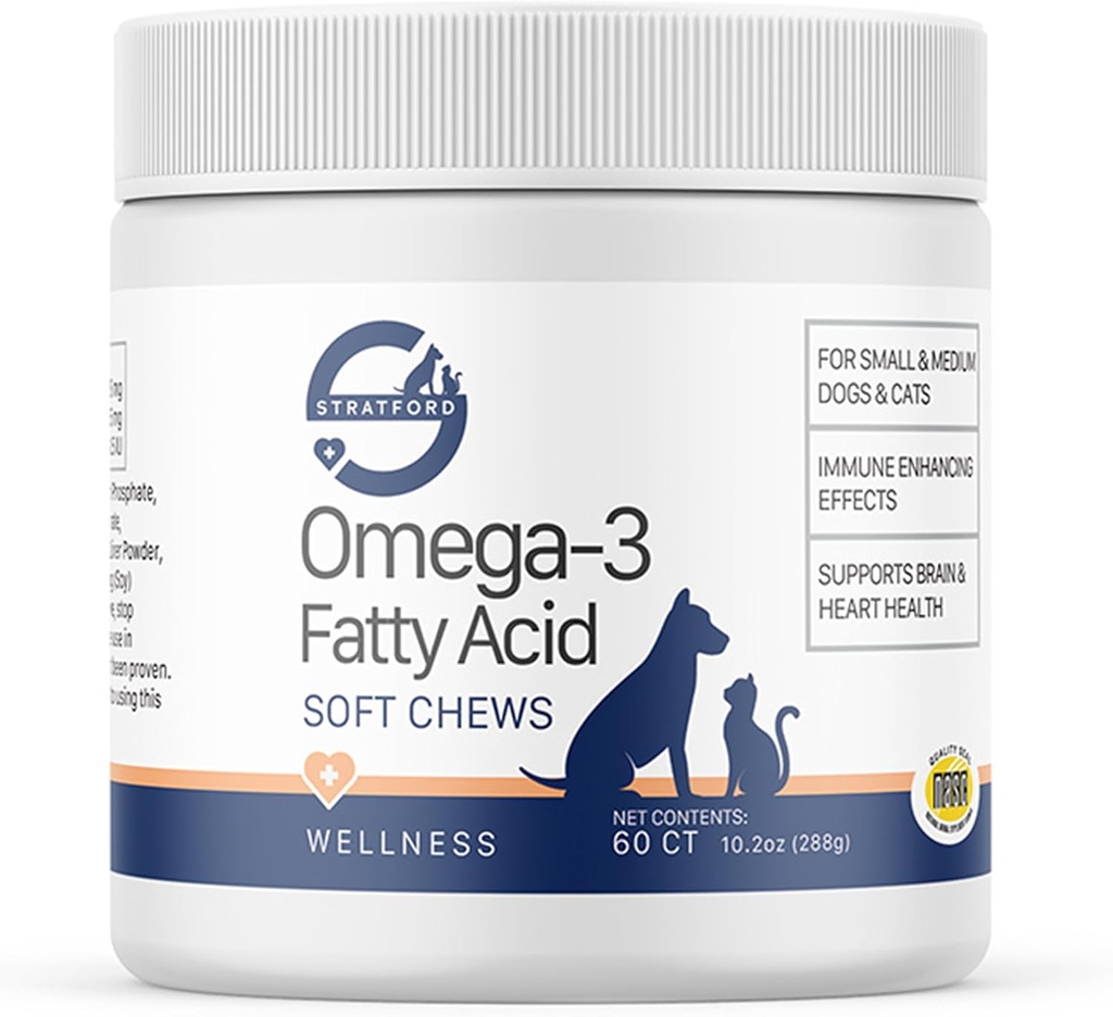 Stratford Pharmaceuticals EZ Chew Omega 3 Maščobne kisline Soft Chew Max Jakost - Dog Omega 3 Dopolnilo - Mehki chew obravnava z ribjim oljem za pse - mali in srednji psi - 60 mehkih žvečil