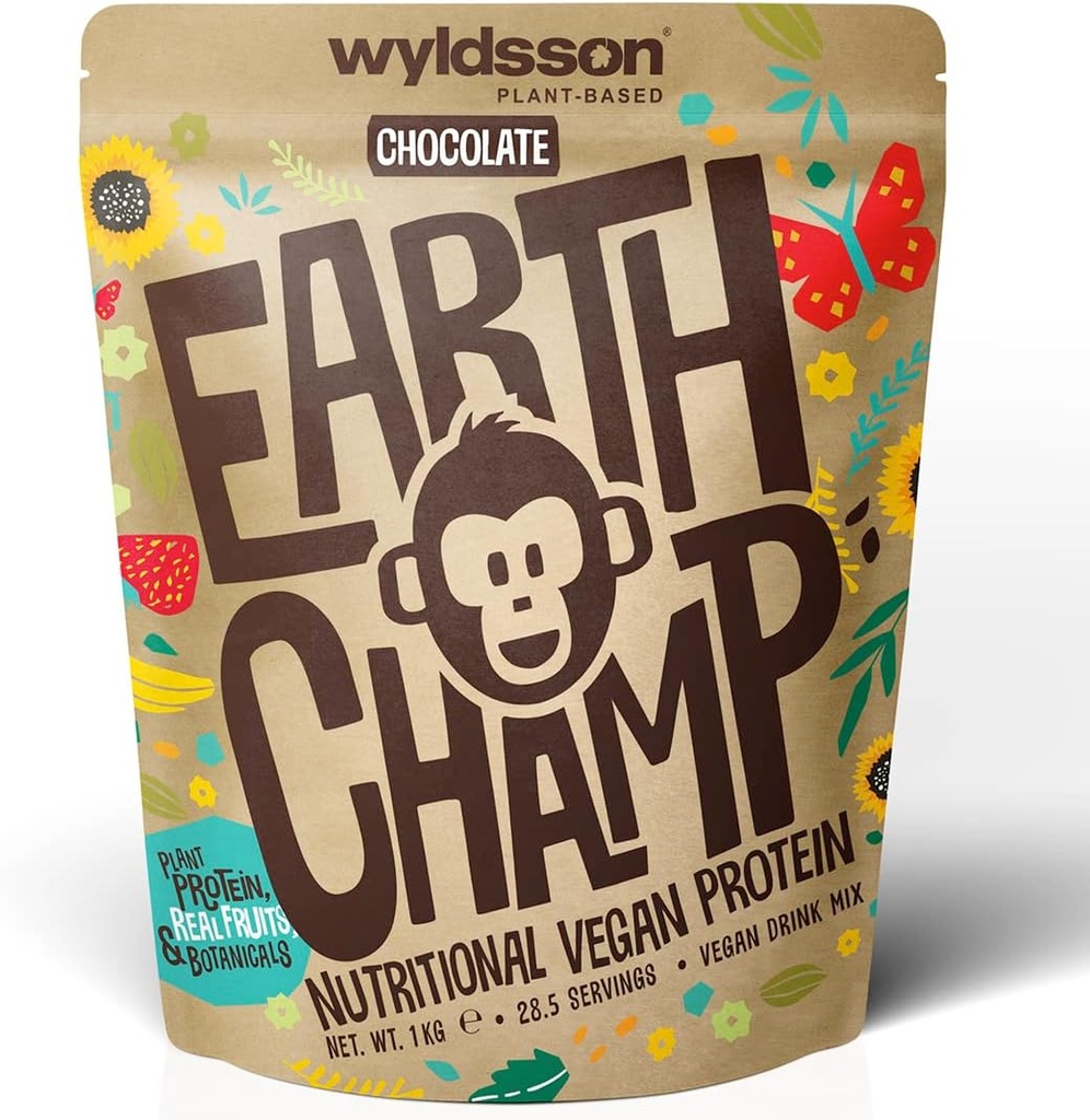 Veganski beljakovinski praški (1 kg) - 28 Servisi - EarthChamp by Wyldsson - Rastlinski čokoladni proteini v prahu Shake - brez mleka - laktoza brez laktoze (Choc)