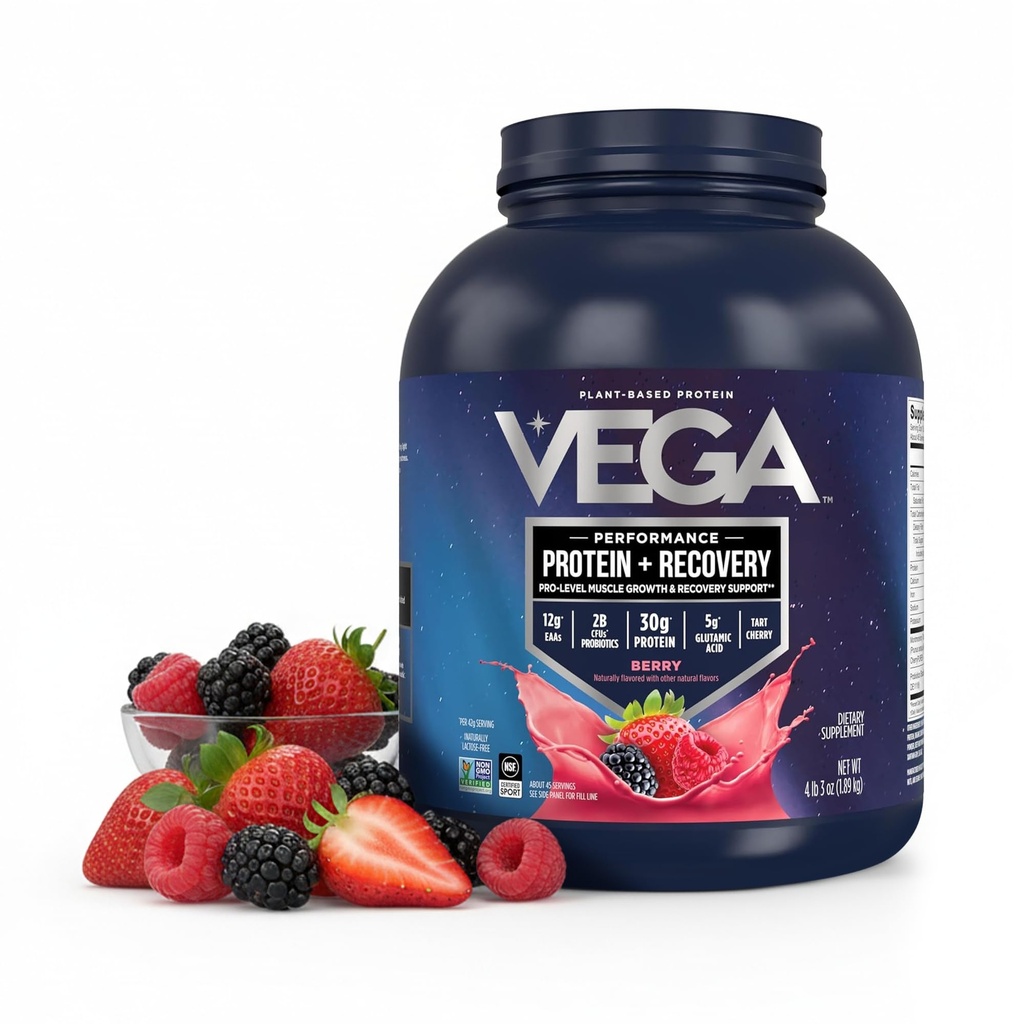 Vega Sport Vegan Protein Powder + Recovery - 30g Protein na osnovi rastlin na serviranje, Berry, 45 Serving, 5g BCAA, Probiotics, NSF Certified, For Shakes & Smoothies, 4,2lbs (Packaging May Vary)