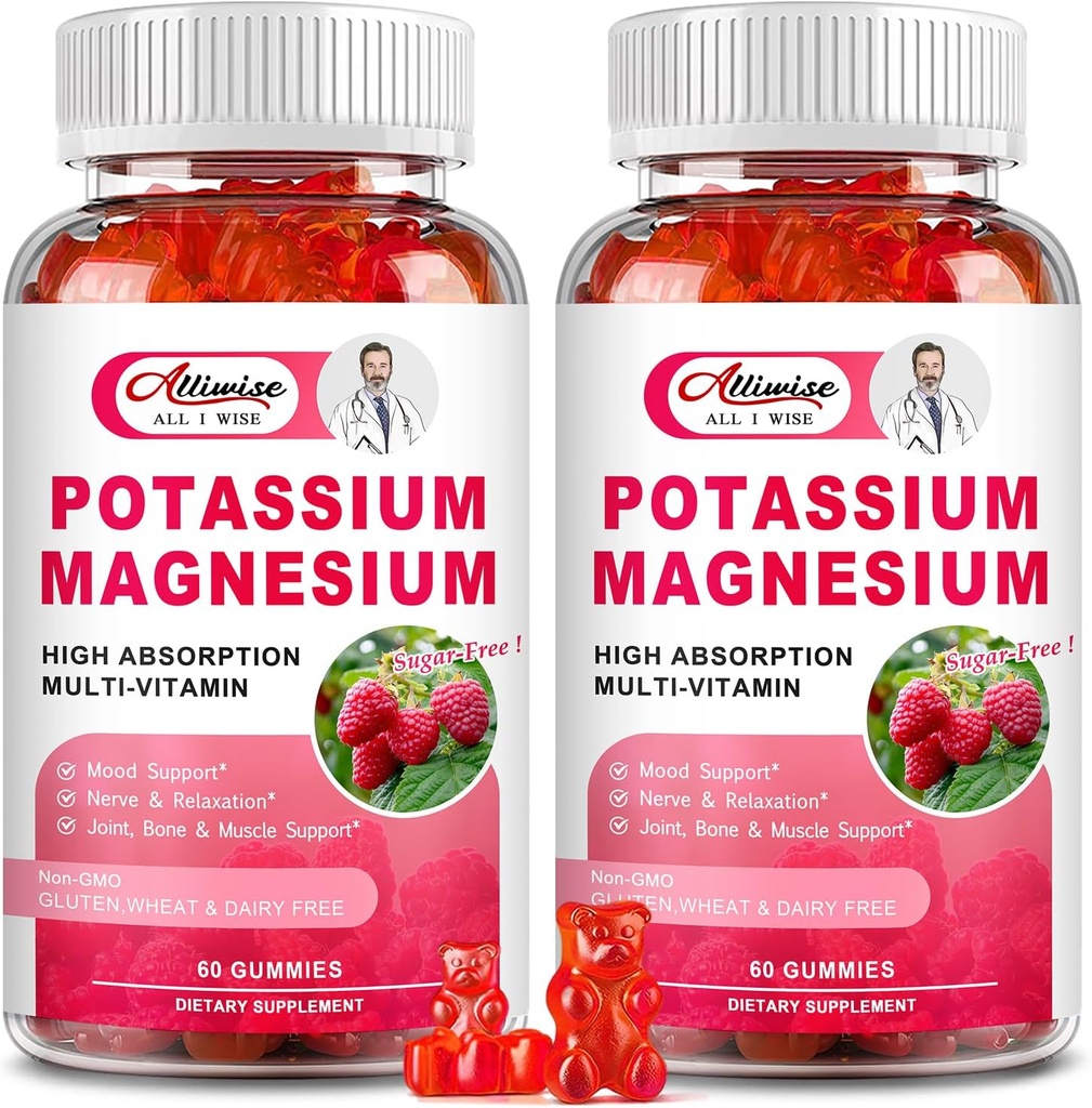 2 Pack Kalijev Magnezij dodatek Gumiji - Kalijev Citrat & Magnezij Glicinat za noge Cramps & mišice, Mood & Sprostitev, Energetska podpora z vitaminom B6, D3, C Raspberry aroma