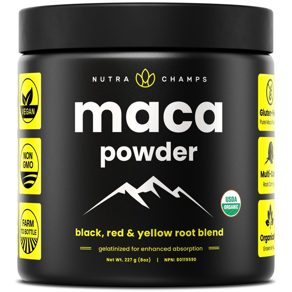 Organic Maca Powder - Perujski rastoči Maca Mešanica z rumenimi, črnimi in rdečimi koreninami - želatinirana za vrhunsko biorazpoložljivost - Natural, Vegan & Non-GMO, 8oz