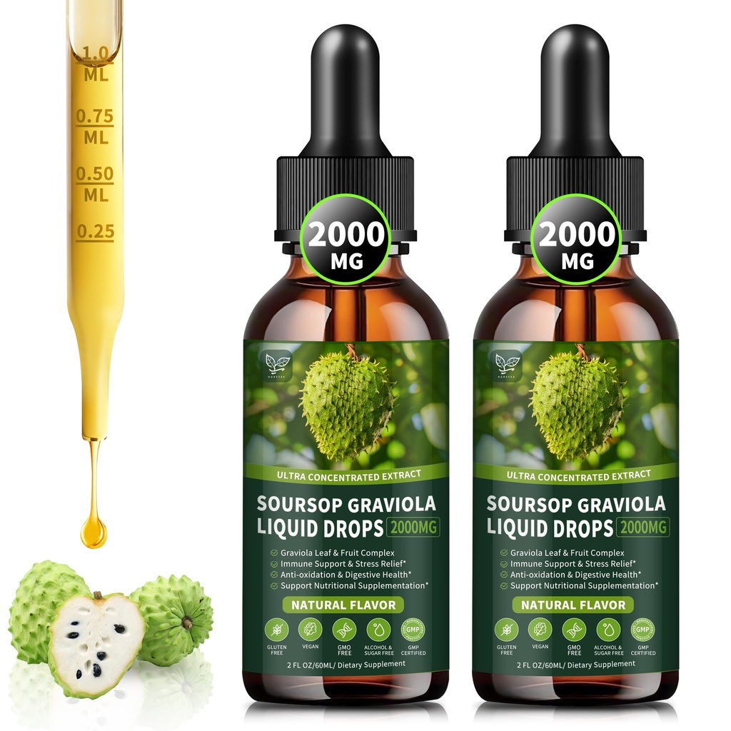(2 pakiranji) Soursop Graviola Tekoče kapljice 2000 mg, 98% Absorpcija za podporo celic in regeneracijo, Imuno Boost, Jetra, Zeliščna dobrota, Soursop Bitters Liquid-Sugar/Gluten Free, naravna aroma, 4 Fl Oz
