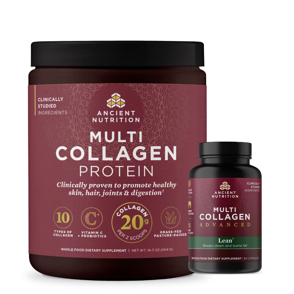 Ancient Nutrition Multi Colagen Advanced Lean kapsule, 90 Count + Multi Colagen Protein Powder, nearomatizirana, 40 Serving