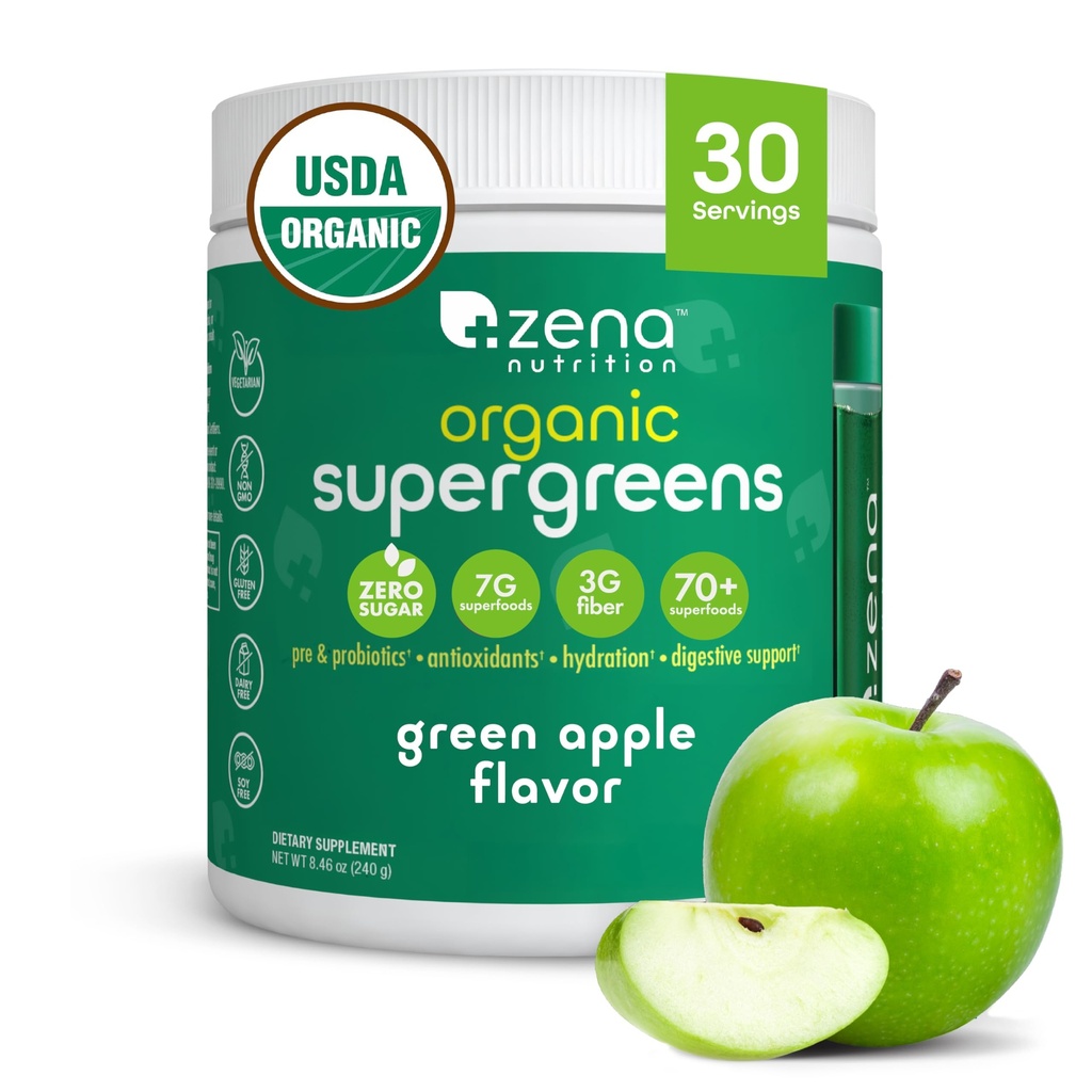 Zena Nutrition Organic Super Greens Powder, 70+ Superfoods, 0 Sladkor, 3G Fiber, Spirulina, Klorela, Gobe, Prebiotiki/Probiotiki, Prebavni encimi za Gut zdravje, Zelena Apple, 30 Servinges