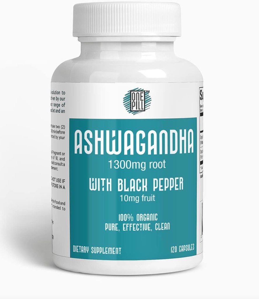 ASHWAGANDHA 1300 mg organskega korena s črnim poprom. Naravni stres in podpora razpoloženju dodatek 120 Kapsule