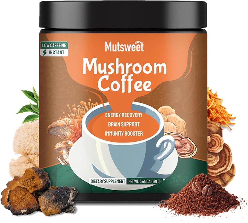 Kava brezkofeinska goba, Advanced 13 v 1 Gobe Powder z livami, Cordyceps, Chaga, Reishi, Instant Coffee Gobe Dodatek z Adaptogeni Rhodiola za Imune, Focus, Energija 