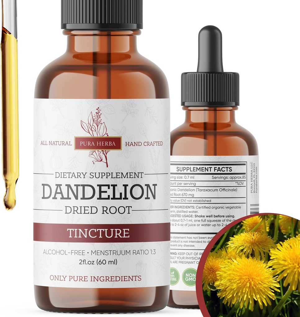 Dandelion Root Tincture 2 oz – Alkohol-free rastlinskega ekstrakta – 670 mg na serviranje – Glicerin-based, Vegan, Non-GMO, Brez dodanega sladkorja – Dandelion kapljice tekoči dodatek