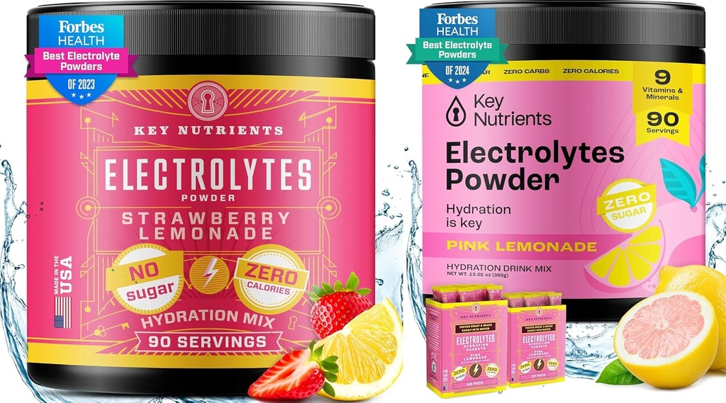KLJUČNI HRANILCI Elektroliti in multivitaminski Hidracija Powder Bundele – Juicy Jagodna limonada & Sveže roza limonade Elektrolitni praški (90 vsak) – Brez sladkorja, Keto-prijateljski, Brez kalorij