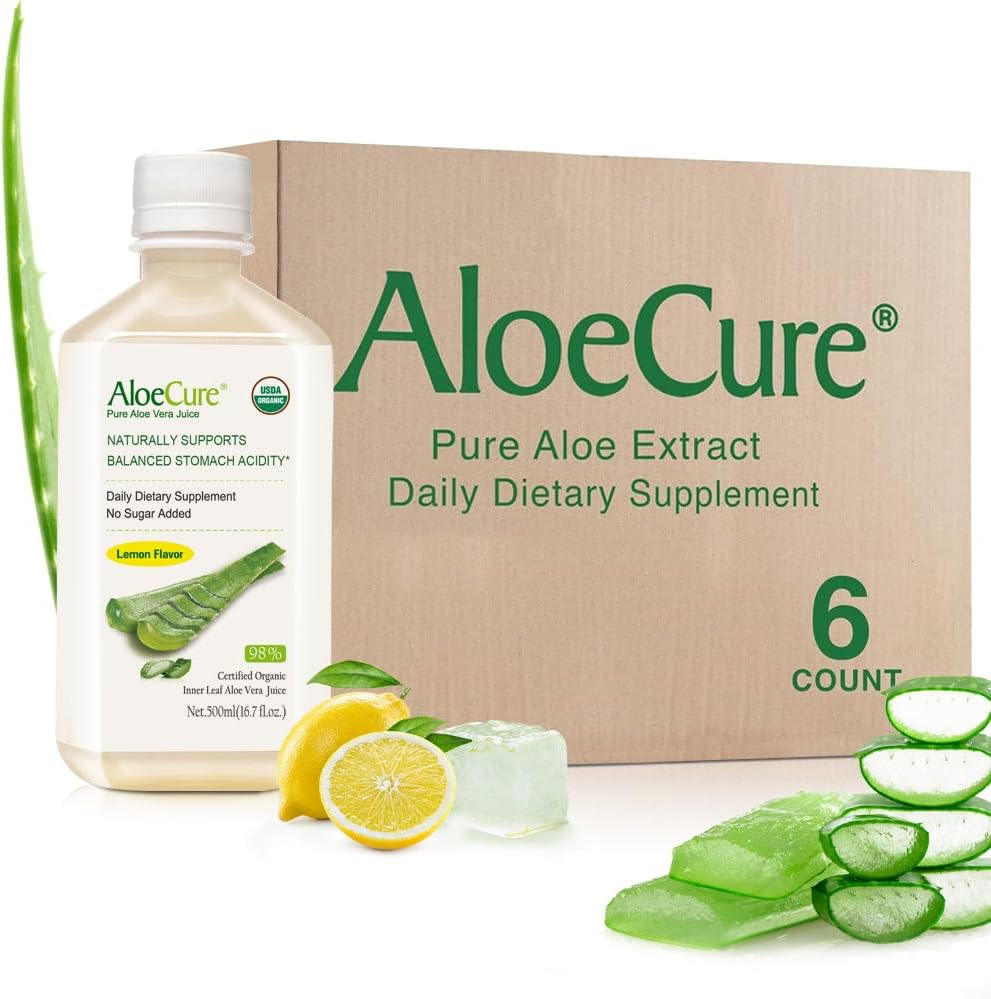 AloeCure USDA Organic Aloe Vera Juice limona arome - izdelan v 12 urah letine - Naravne prebavni dodatek za uravnotežene želodčne kisline - Podpora Prebavne in imunskega zdravja, 6 Btls x 16.7oz