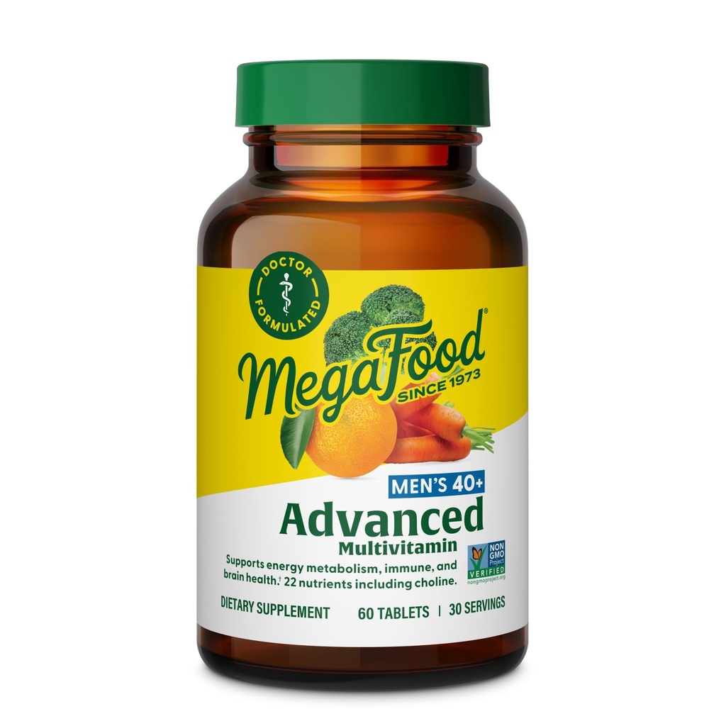 MegaFood Men's 40+ Advanced Multivitamin za moške - Dr-Formulated - Choline, Vitamin B, Vitamin C, Vitamin D, Cink & Real Food - Možgansko zdravje, Imunska podpora - 60 Tab (30 strežb)