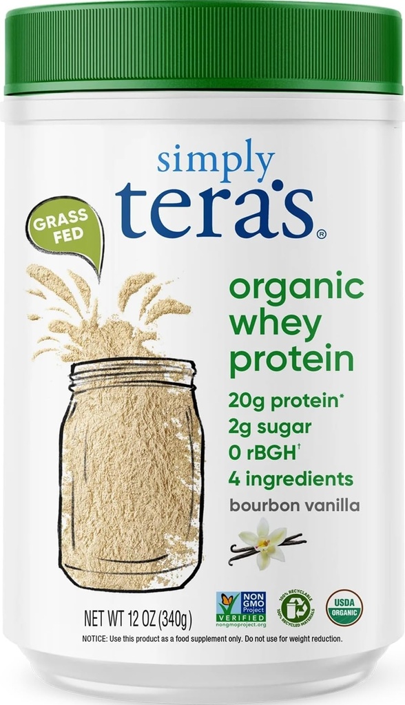 preprosto tera organski sirotkini proteini v prahu - Grass Fed Vanilla Whey Protein Powder, čist, izdelan brez umetnih sladil, Non-GMO, Kosher, rBGH-free, Organic - 12 Oz.