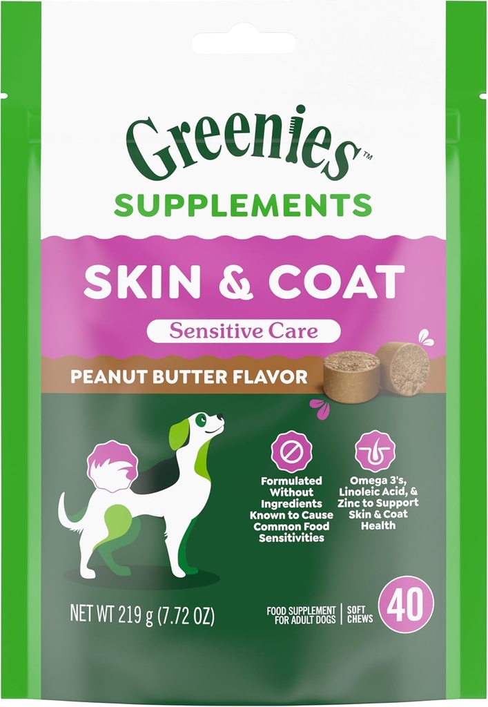 Zelenjava Občutljiva nega kože in plašč dodatek za pse z ribjim oljem za pse Chicken-free Formula pasji dodatek, aromo arašidovega masla, 40-Count Soft Chews
