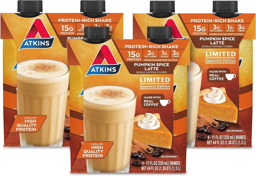 Atkins bučna začimba Latte, 15g beljakovine, 3g neto ogljikove hidrate, 1g sladkorja, nizko glikemično, keto prijazno, 12 grofov