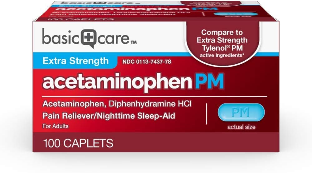 Osnovna nega acetaminofen PM, Pain Reliever Plus nočno spanje Caplet, 100 Število