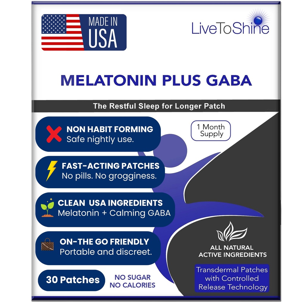 Live To Shine Melatonin obliži za spanje - Plus GABA za mirno zasedene možgane hitro - Popolna kombinacija za moške in ženske - počasna sprostitev - 30 obliži - ZDA Made