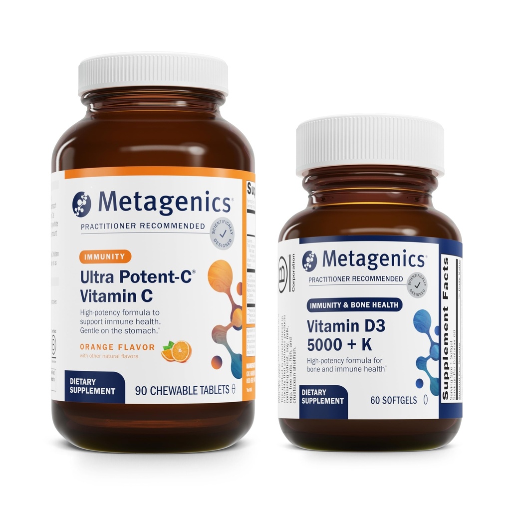 Metagenics Bundle - Ultra Potent-C Chewable & D3 5,000 + K - 90 Tablets of Ultra Potent-C Chewable for Immune & Antioxidant Support - 60 Softgels of D3 5,000 + K for Immune, Heart & Bone Health