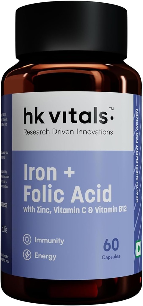 Raziskave Pogonske inovacije Železo + Folna kislina z cinkom, Vitamin C & Vitamin B12 Dopolnilo (60 Kapsule) 