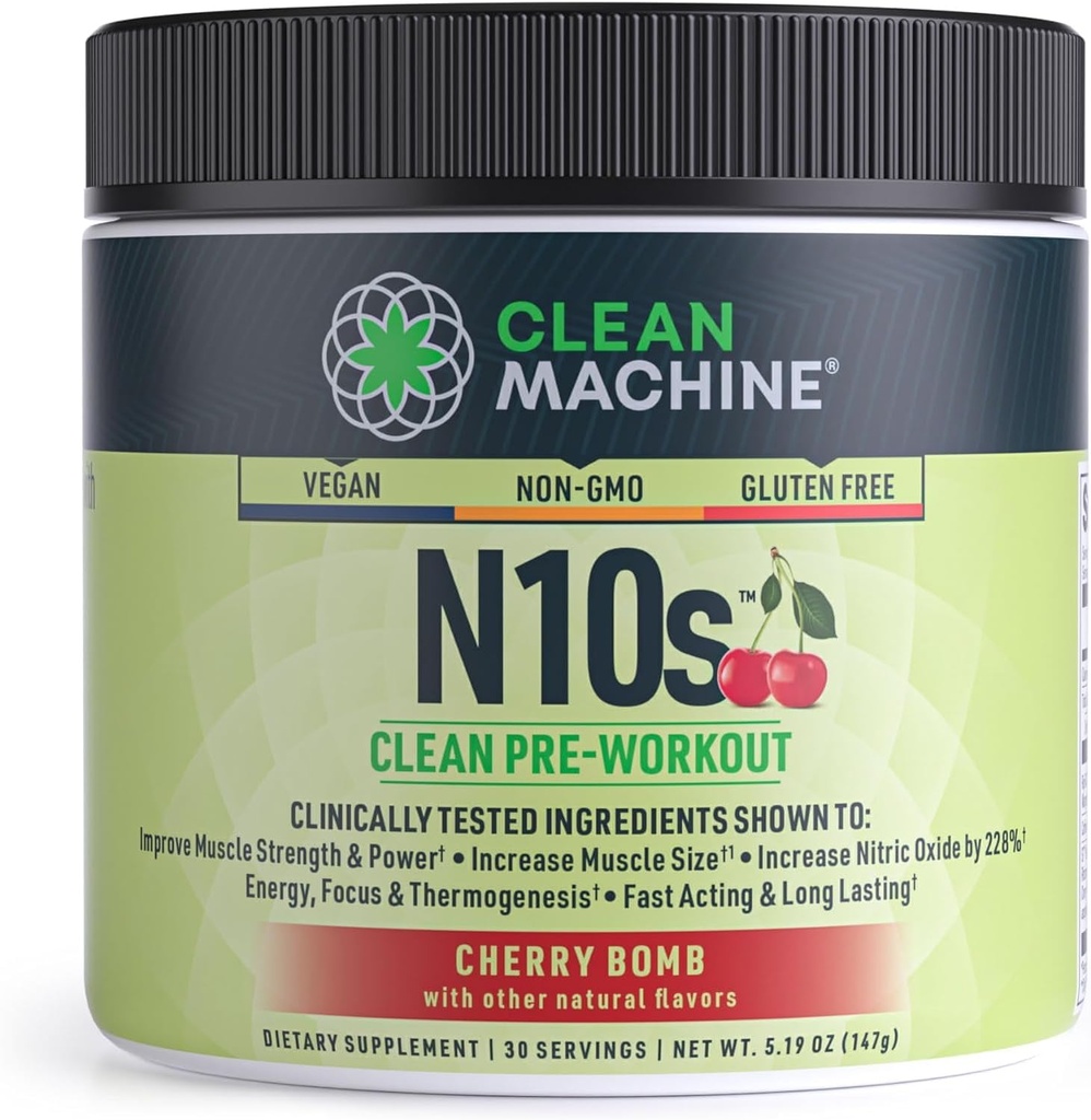 CLEAN MACHINE N10s Plant-based Pred-workout Powder - Veganski energijski dodatek s 3 Klinično testirane patentirane sestavine za velikost mišic, moč, črpalko in vzdržljivost - Non-GMO, 30 Servinges