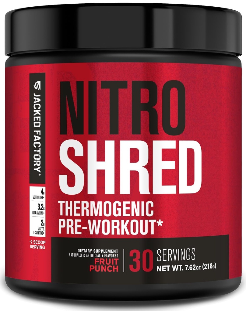 Jacked Factory NITROSURGE Shred Pre Workout Supplement - Energy Booster, Instant moč pridobi, Sharp Focus, Močne črpalke - Dutric Oxide Booster & PreWorld Powder - 30Sv, Sadni Punch