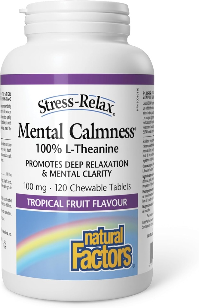 Stres-Relax žvečljiv Suntheanin L-Theanine 100 mg z naravnimi dejavniki, ne-zadrgljiva stresna podpora za duševno pomiritev in sprostitev, tropski sadni okus, 120 tablet
