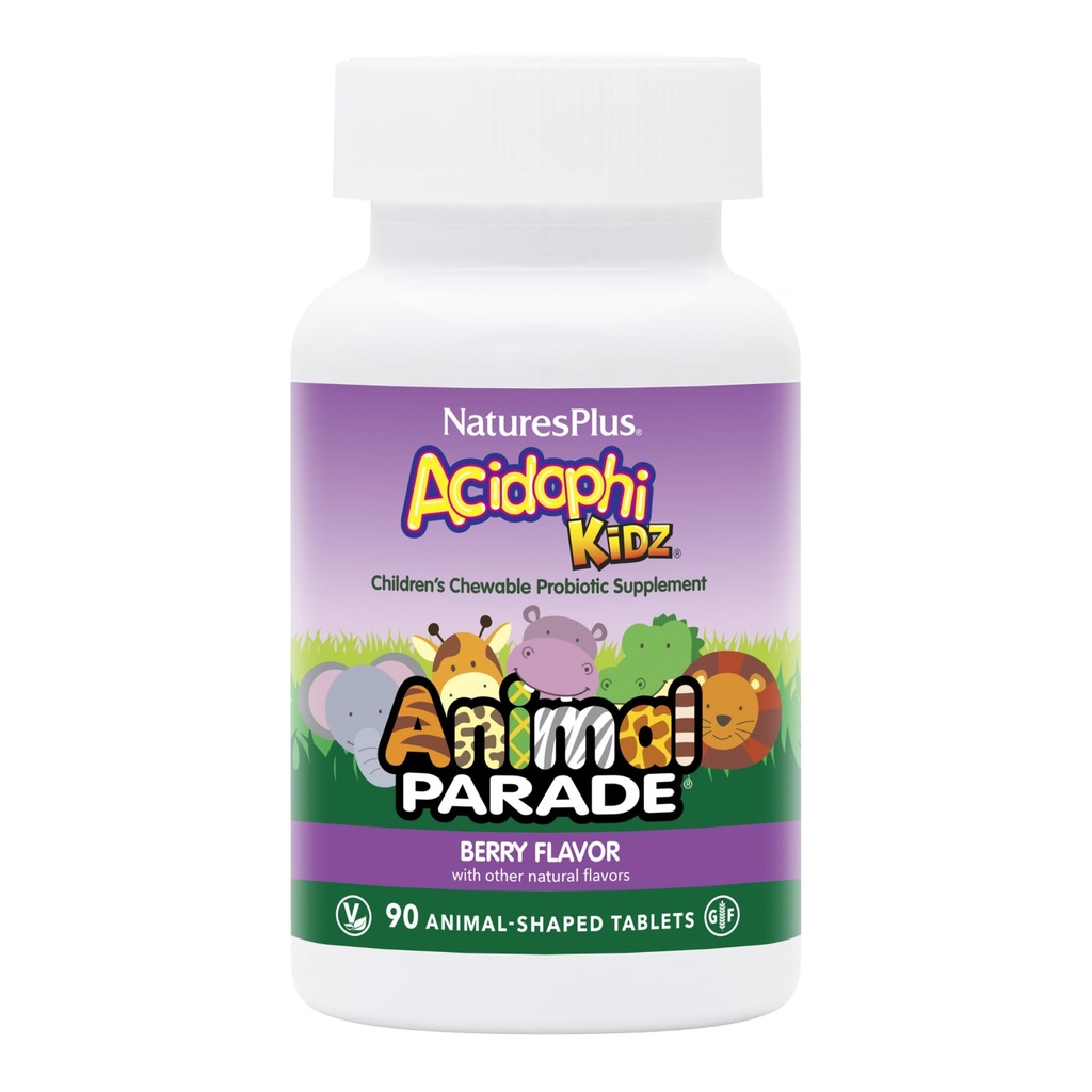 NaturesPlus Animal Parade AcidophiKidz, Berry Flavor - 90 Žvečljive, z živalskimi oblikami oblikovane tablete - s probiotiki, FOS & Grozdno seme - 90 Total Servings