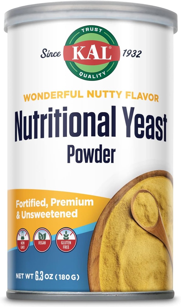 KAL Nutritional Yeast Powder, Fortified with B6, B12, Folna kislina in drugi B vitamini, Premium in nesladkane, Great Nutty Flavor, Vegan, Gluten Free, Ne-GMO, 60-dnevno garancijo, 20 Serving, 6.3oz