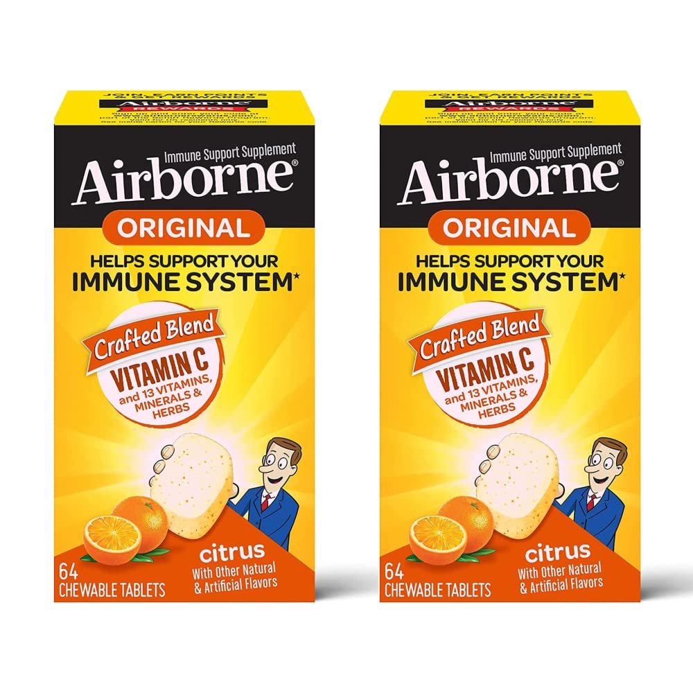 Zračni vitamin C 1000mg (per Serving) - žvečljive tablete citrusov (64ct/Box), prehranska dopolnila brez glutena, vitamini A C E, ZINC, selen, ehinacea, ingver, antioksidanti (2-Pack)