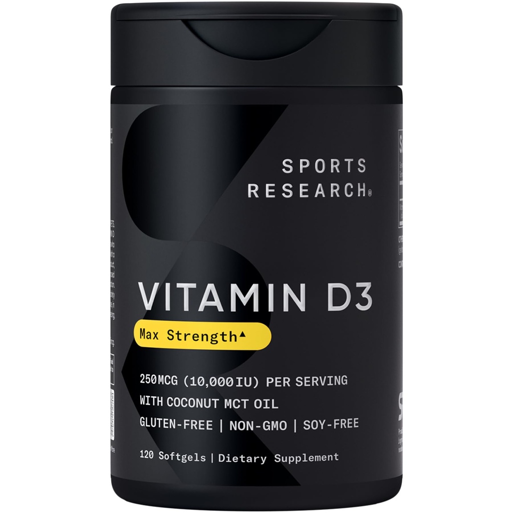 Športne raziskave 10.000 iu Vitamin D3 dodatek z organskim kokosovim oljem - vitamin D za močne kosti in imuno zdravje - podpira kalcijevo absorpcijo - Non-GMO - 250mcg, 120 Mini softgels za odrasle