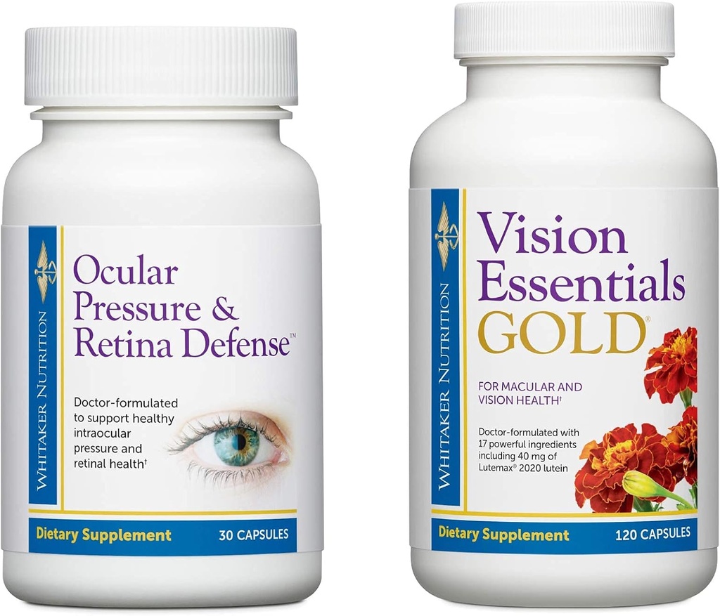 Premium Eye Health Bundle vključuje vizijo Essentials Gold, s 40 Mg luteina, za zdravo vidno funkcijo in očesni tlak & Retina obramba za podporo zdrave intraokularne ravni tlaka