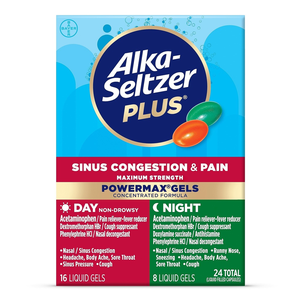 Alka-Seltzer Plus maksimalna močMax Sinus Congestion & Pain Medicine, Day + Night Liquid Gels - močno lajšanje prehlada in gripe, + Sinus Congestion za odrasle in otroke 12+ Leta, število 24