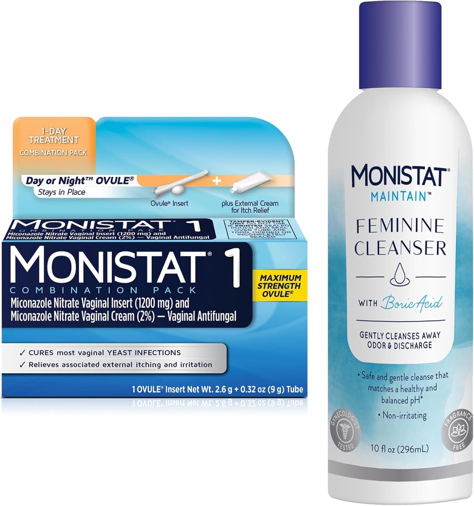 Zdravilo Monistat 1 dan Infekcijsko zdravljenje mater, 1 Mikonazol Ovule Vstavite in zunanji Monistat proti srbečemu kremnemu paketu + 10 fl oz Čistilec femininske kisline