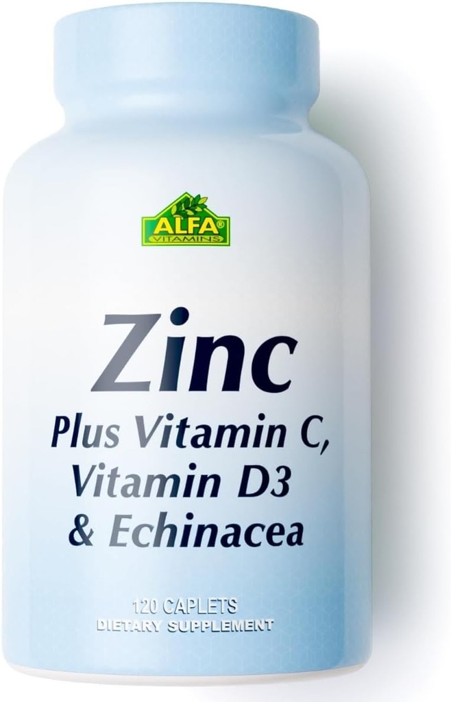 ALFA VITAMINS cink + vitamin C, D3 & Echinacea dopolnila, Imunska podporna formula z izboljšano absorpcijo, podpira zdravje kosti, imunske funkcije in antioksidant zaščito, 120 Caplets