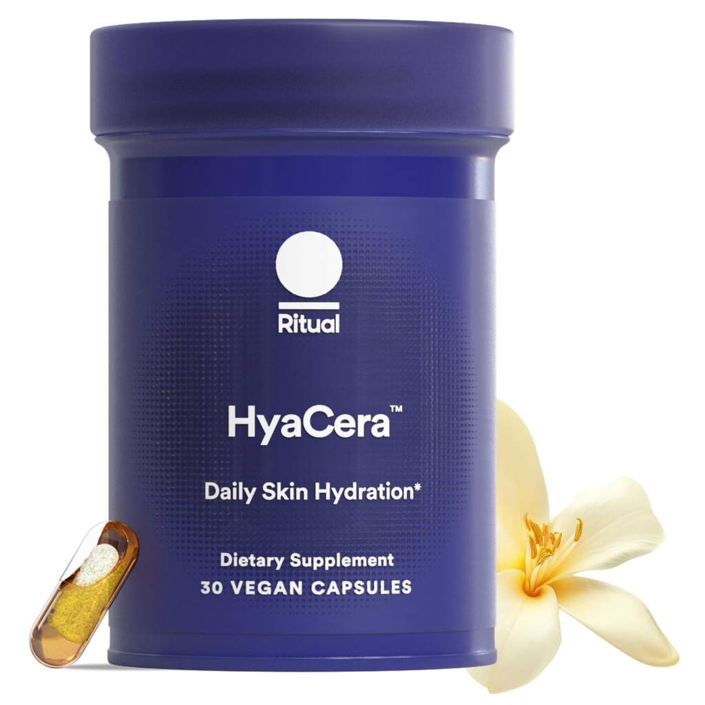 Ritual HyaCera Skin Supplement for Wrinkle Support, z Hyabest® in Ceratiq® za podporo hidraciji kože, Hyaluronska kislina, Glycolipids, Ceramids, Gluten Free, Non GSO, Vanilla Essence, 30 Day Supply
