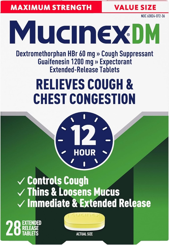 Mucinex Cough Supresant in pričakovana, DM Največja moč 12 ur tablete, 28ct, 1200 mg Guaifenesin, Relieves Chest Congestion, Tihi Mokri in suhi kašelj, #1 Zdravnik priporoča OTC Expenditorant