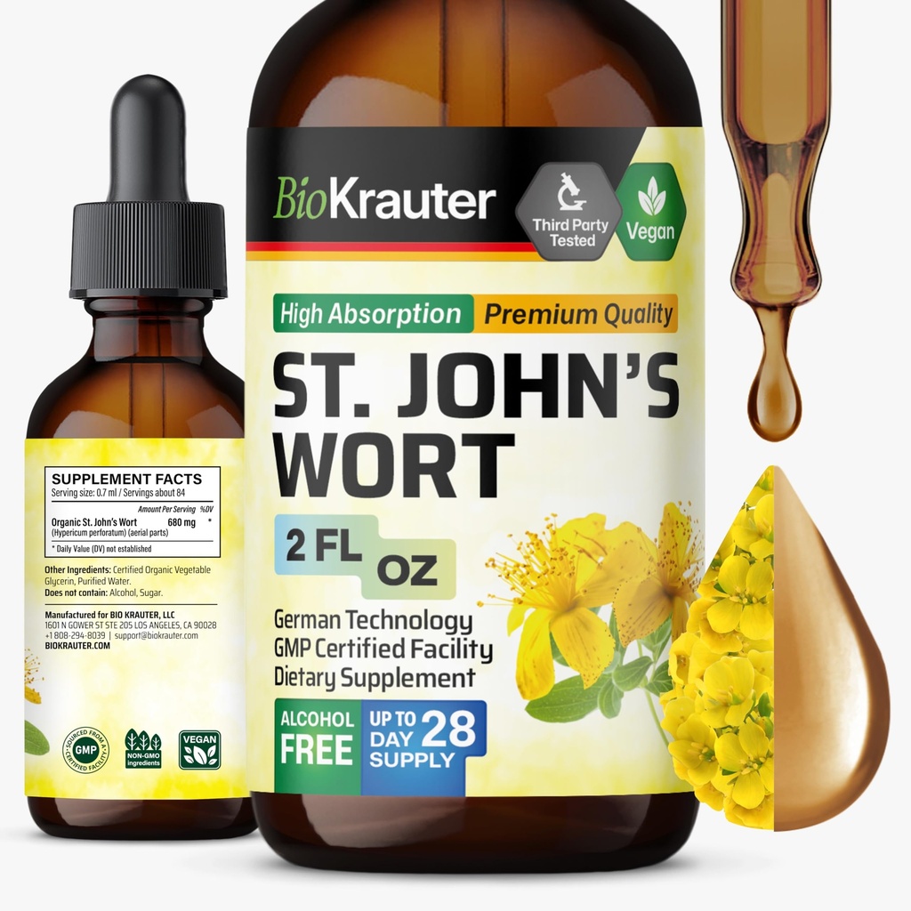 BIO KRAUTER Šentjanževka Tinkture - Hypericum Perforatum Tekoči ekstrakt za podporo razpoloženju - visoka absorpcija - Veganske kapljice 2 Fl.Oz.