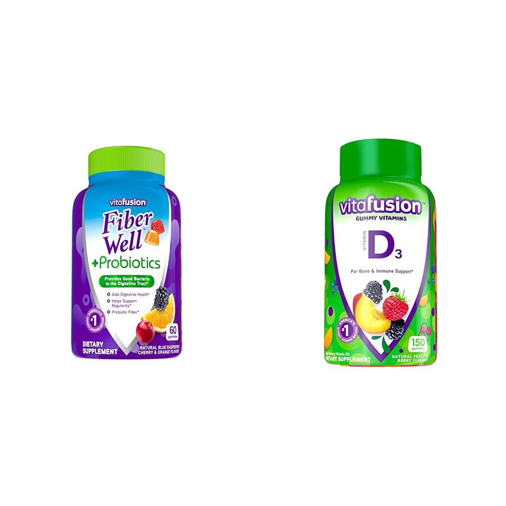 Vitafusion Fiber Well + Probiotiki Gumiji za odrasle, 60 Count Vitamin D3 Gummy Vitamini, Peach, BlackBerry in Jagode Okusen, 50 mcg Vitamin D, 150 Count