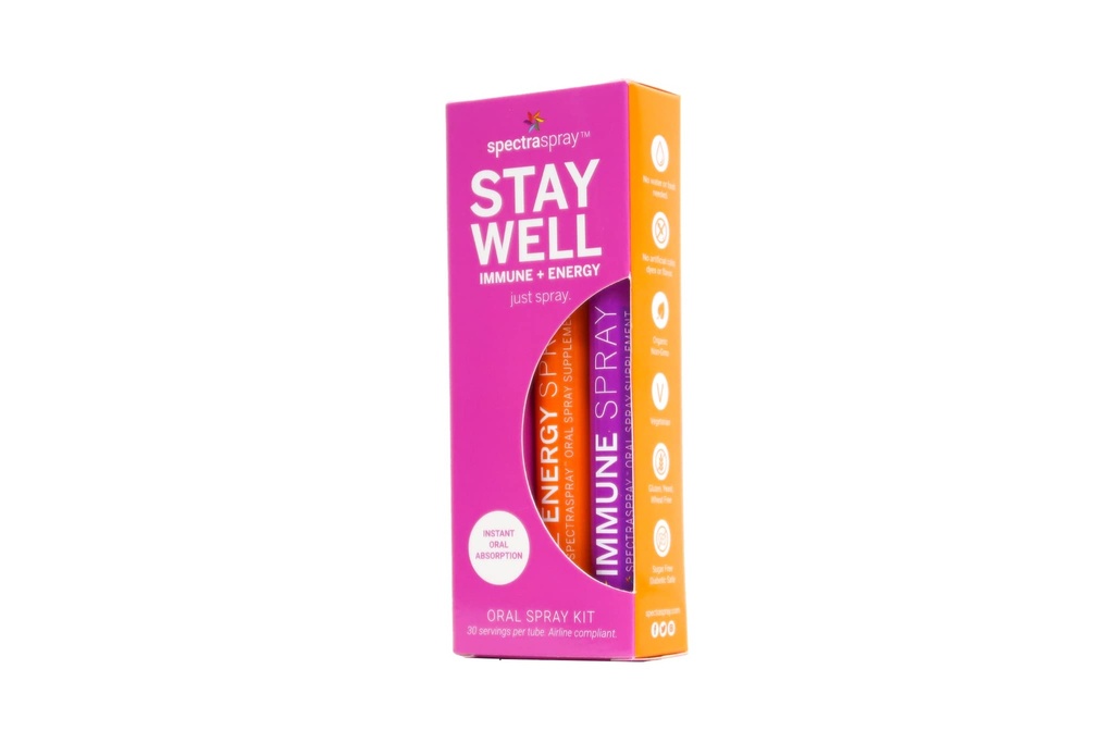 Spectraspray Travel Wellness Stay Well Kit - Immune Support & B12 Vitamin Oral Sprays Rapid Immunity Boost & Active Form of B12 for Recovery & Energy, Vegan & Gluten Free, 30 Day Supply per Spray