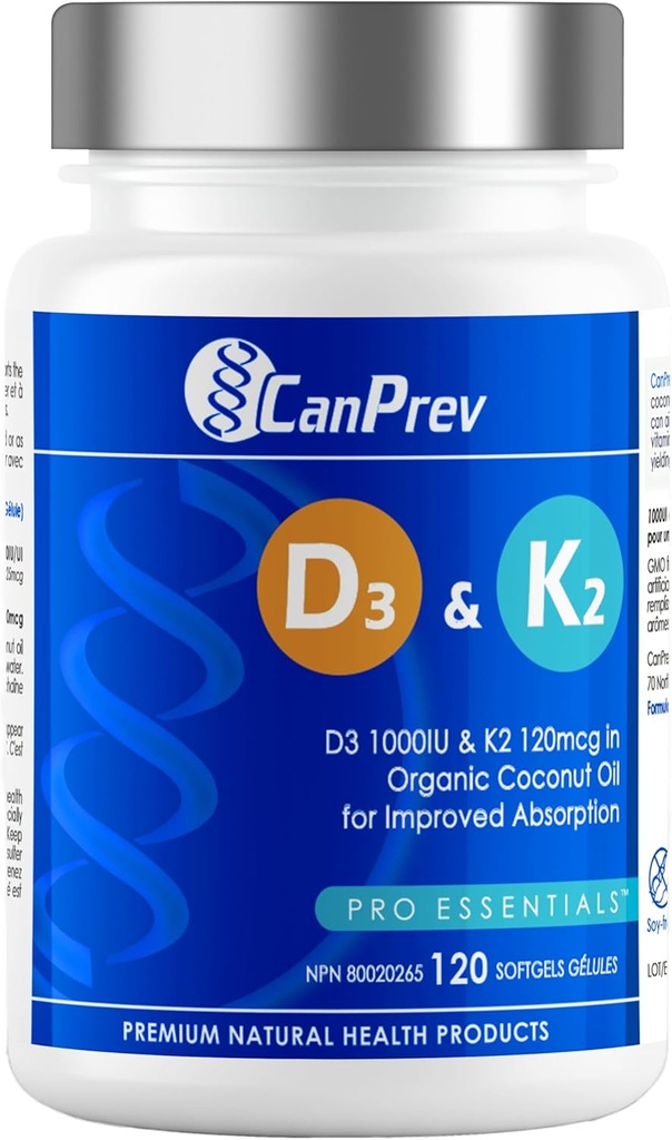 CanPrev D3 & K2 Vitamini 120 Softgels, 120-dnevna dobava, 1000IU Vitamin D3 & 120mcg K2, Podpira močne kosti, Zobje in srce Wellness, Easy-to-Absorb z organskim kokosovim oljem, Brez GSO, Gluten, Soja, Mlekarna