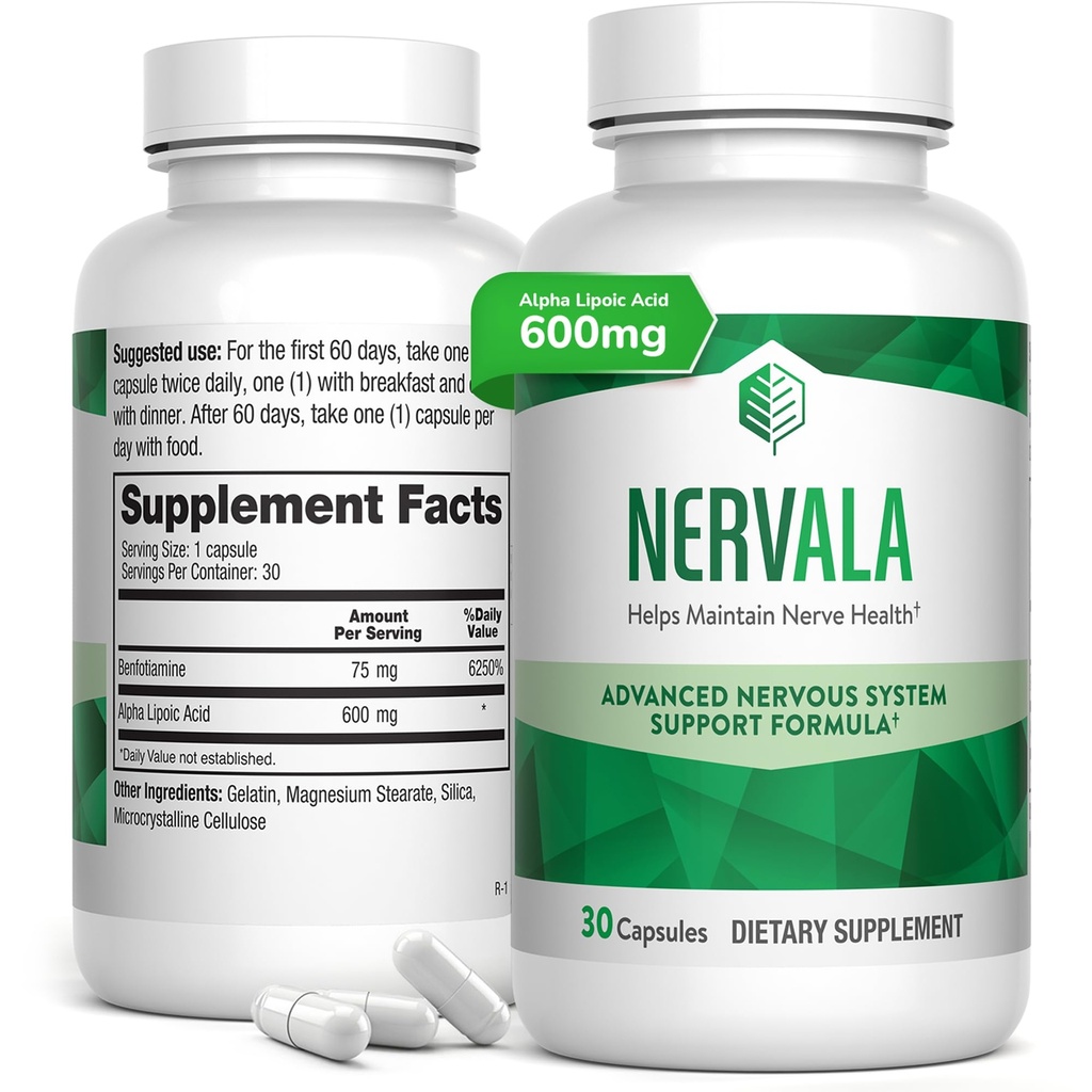 Nervala - Alpha Lipoic Acid 600mg - ALA dodatek antioksidant za živčevje, energetika & kroženje Podpora- Dodatna moč z benfotiaminom - Izdelano v ZDA, Lab Tested - 30 kapsul, 1 mesec dobave