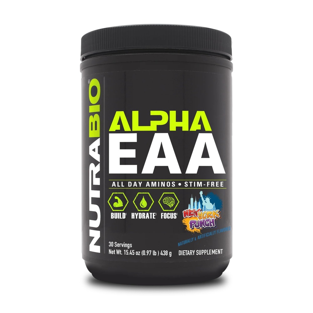 NutraBio Alpha EAA - All-Day Aminokisline za rast in hidracijo mišic - Esencialne aminokisline z nootropiki & adaptogeni- Celoten spekter EAA BCAA Prašek - 30 Serving - New York Punch